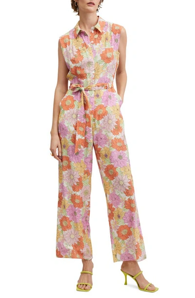 Mango Floral Print Point Collar Wide Leg Jumpsuit In Pink