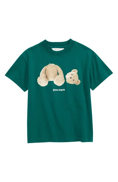 Palm Angels Green Cotton T-shirt With Bear Loose Front Print Kids Boy