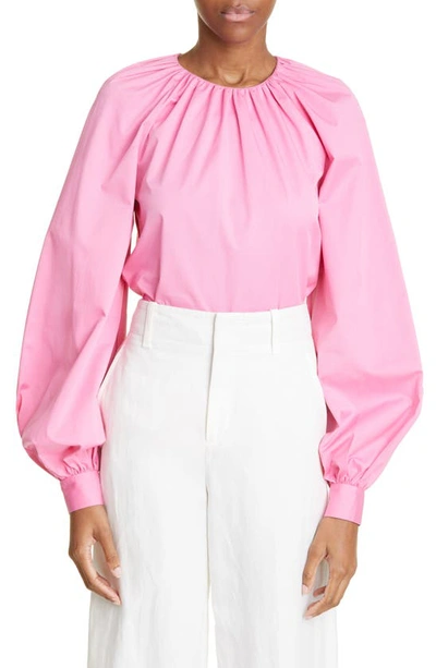 Oscar De La Renta Long Sleeve Gathered Neck Cotton Blouse In Pink