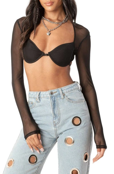 Edikted Lin Mesh Long Sleeve Bra Top In Black