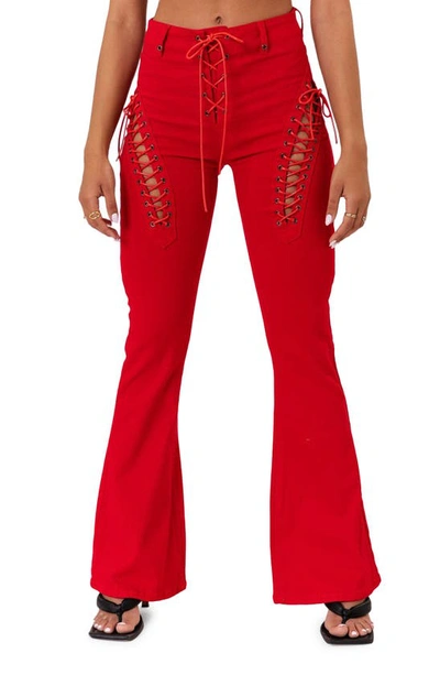 Edikted Engine Red Lace-up High Waist Flare Jeans