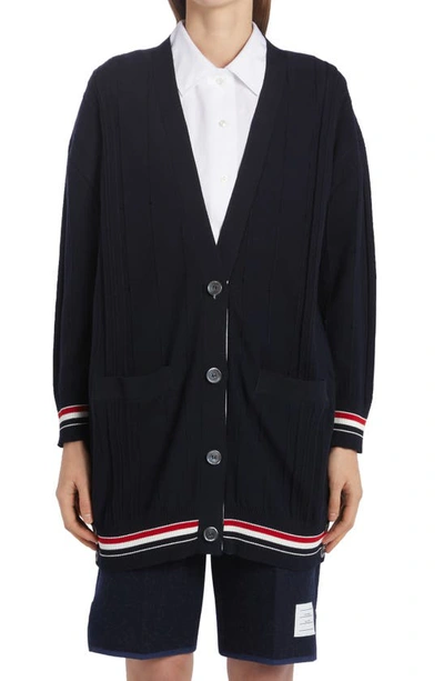 Thom Browne Rwb Stripe-detail Oversized-fit Cardigan In Blue