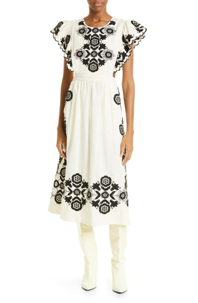 Sea Manuela Open-back Embroidered Cotton And Linen-blend Midi Dress In Cream