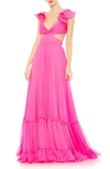 Mac Duggal Side Cutout Empire Waist Chiffon Gown In Hot Pink