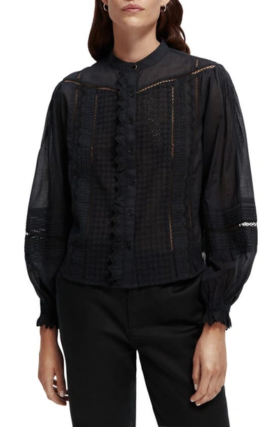 Scotch & Soda Eyelet Long Sleeve Organic Cotton Button-up Blouse In Black