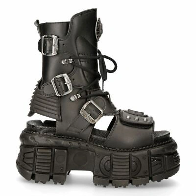 Pre-owned New Rock Rock Boots Bios107-v1 Black Vegan Leather Unisex Platform Sandal Biker Goth