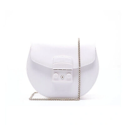 Pre-owned Furla Woman Crossbody Bag  Metropolis Mini Round White Leather With Gold Chain