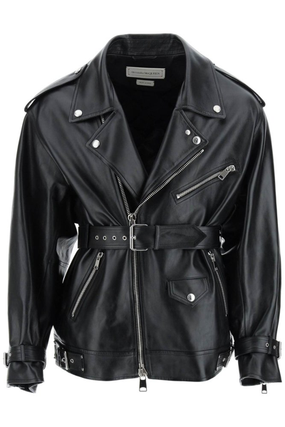 Alexander Mcqueen Midi Leather Biker Jacket In Black