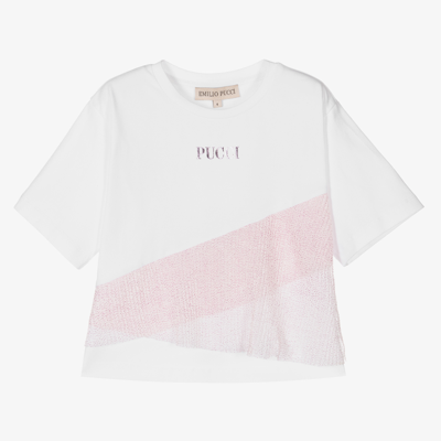 Emilio Pucci Kids' Cotton Jersey T-shirt W/ Tulle Insert In White