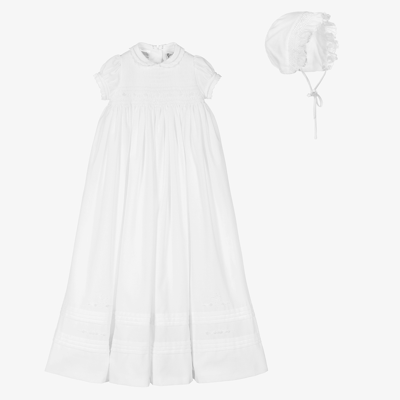 Sarah Louise Babies' Ceremony Gown & Bonnet Set In White