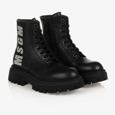 Msgm Kids' Studded-logo Leather Ankle Boots In Black