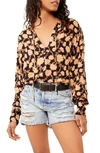 Free People Mia Floral Print Tie Neck Tunic Top In Black