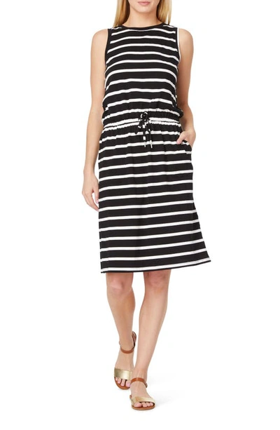 C&c California Ira Sleeveless Cotton Blend Drawstring Belt Dress In Black White Yd Stripe