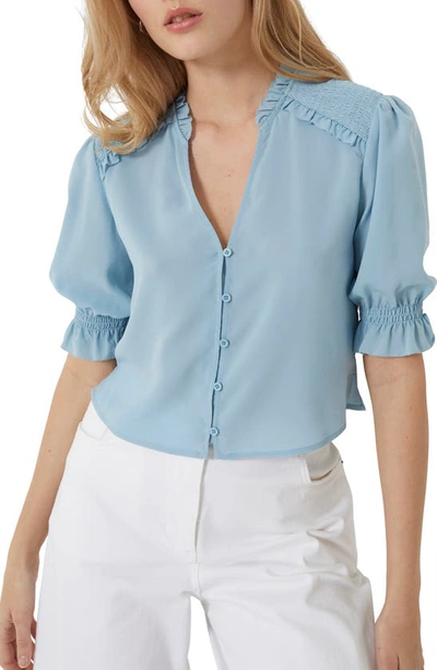 French Connection Ruffle-trim Puff-sleeve Blouse In Forget Me Not