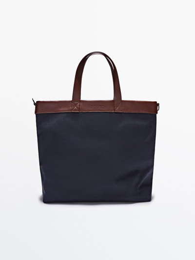 Massimo Dutti Canvas Tote Bag With Leather Details In Navy Blue