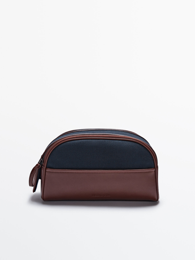 Massimo Dutti Canvas Toiletry Bag With Double Zip And Leather Details In Navy Blue