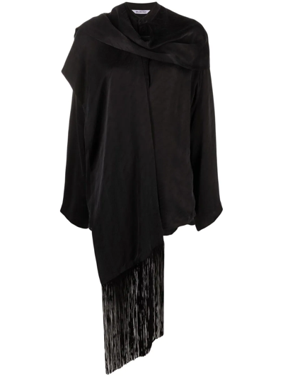 Balenciaga Oversized Fringed Jacquard Hooded Blouse In Black