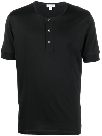 Sunspel Short-sleeve Henley T-shirt In Black