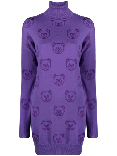 Moschino Teddy Bear Intarsia-knit Mini Dress In Purple