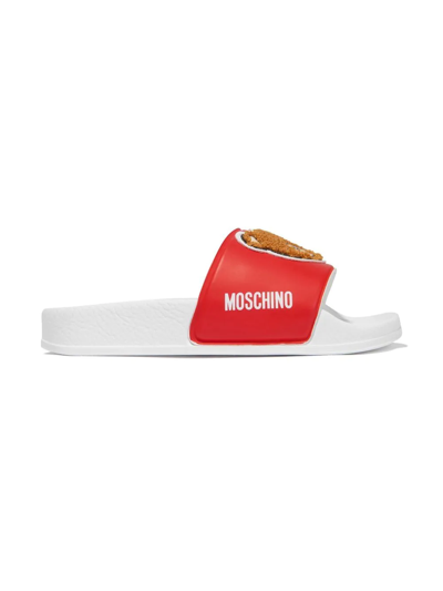 Moschino Kids' Teddy Bear Logo Slides In Red White