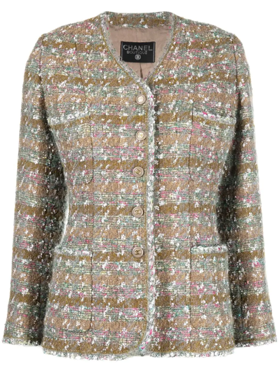 Pre-owned Chanel 1990 V-neck Tweed Jacket In Green
