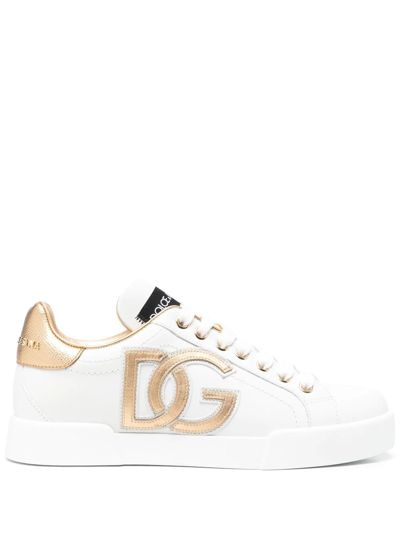 Dolce & Gabbana Portofino Logo Detail Leather Sneakers In White_gold
