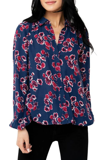 Gibsonlook Button Front Blouson Sleeve Blouse In Blue Depths Floral