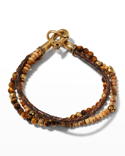 John Varvatos Men's Brass Skull Jasper, Tiger Eye, & Woven Leather Triple Strand Bracelet In Brown
