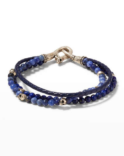 John Varvatos Men's Sterling Silver Sodalite & Lapis Lazuli Blue Leather Triple Strand Bracelet In Blue/silver