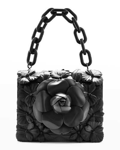 Oscar De La Renta Mini Flower Leather Shoulder Bag In Black
