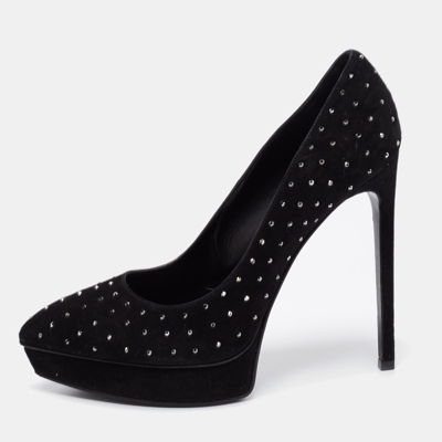 Pre-owned Saint Laurent Black Suede Crystal Embellished Janis Platform Pumps Size 38.5