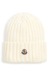 Moncler Logo Patch Rib Wool Beanie In White