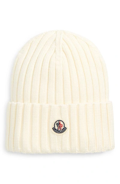 Moncler Logo Patch Rib Wool Beanie In White