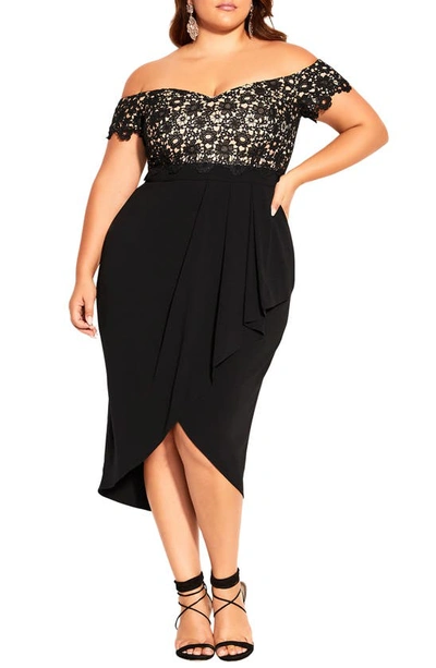 City Chic Off The Shoulder Floral Lace Midi Dress In Black