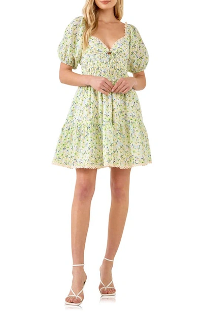 Free The Roses Puff Sleeve Floral Print Minidress In Green Multi