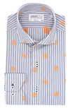 Lorenzo Uomo Trim Fit Stripe Neon Embroidery Dress Shirt In White/ Blue