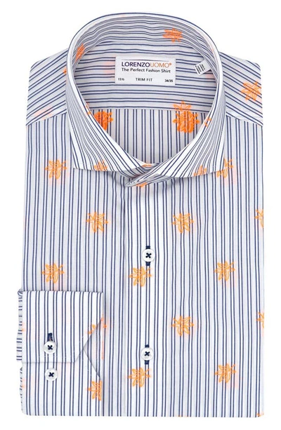 Lorenzo Uomo Trim Fit Stripe Neon Embroidery Dress Shirt In White/ Blue