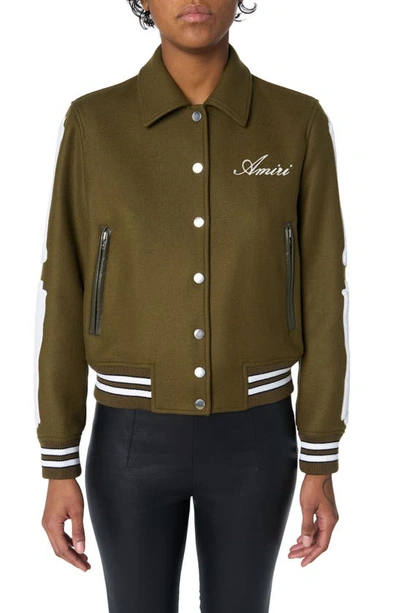 Amiri Olive Green Wool Blend Varsity Jacket In Multicolor