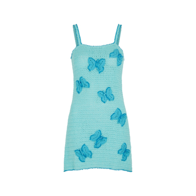 Cro-che Beaded Butterfly Turquoise Crochet Mini Dress In Turquoise