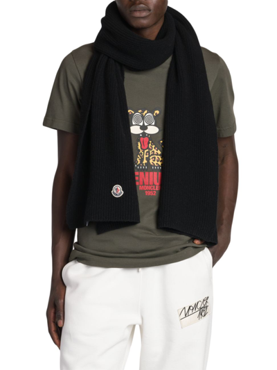 Moncler Logo-embroidered Wool-knitted Scarf In Black