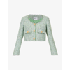 Self-portrait Cropped Button-embellished Metallic Bouclé-tweed Jacket In Green