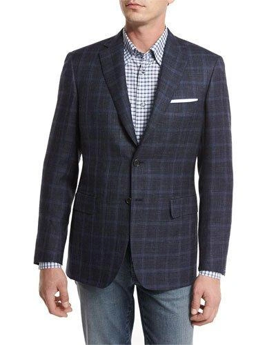 Brioni Heathered Windowpane Check Two-button Sport Coat, Navy