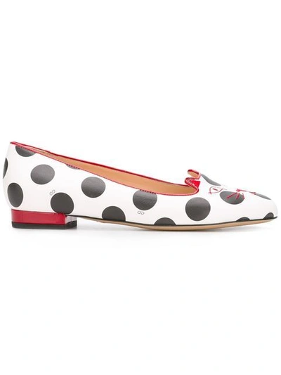 Charlotte Olympia Kitty Polka Dot Leather Flats In White Red