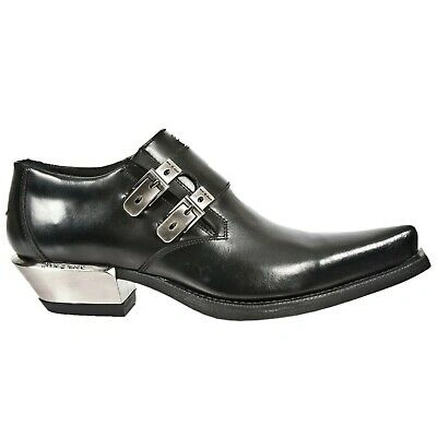 Pre-owned New Rock Rock 7934 S1 Metallic Black Leather Buckle West Steel Heel Shoes Boot