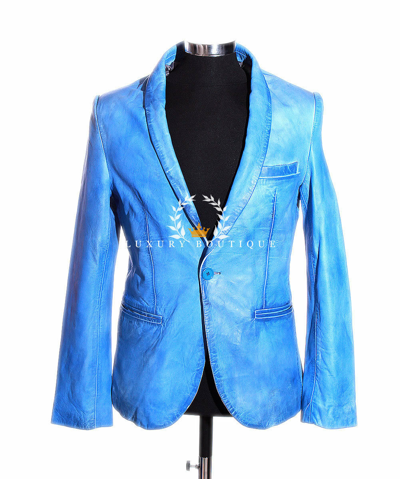 Pre-owned L.b Charlie Stonewashed Blue Men's (1 Button) Real Lambskin Leather Blazer Jacket