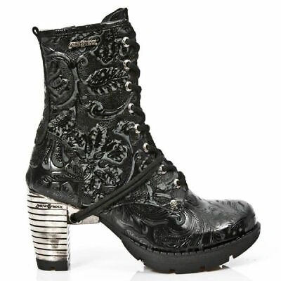 Pre-owned New Rock Newrock Rock Tr001-s24 Vintage Flower Black Steel Heel Ankle Gothic Boots