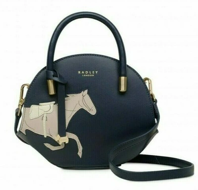 Pre-owned Radley Royal Ascot Small Half Moon Leather Bag Horse Race Ink Blue Rrp£170