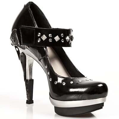 Pre-owned New Rock Newrock Rock Punk010c1 Ladies Black Leather Metal Platform Heel Ankle Shoes