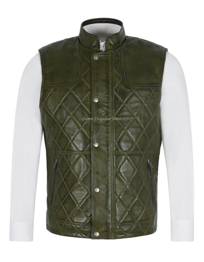 Pre-owned Smart Range Men's Quilted Gillet Olive Green Real Napa Leather Classic Warm Waistcoat Waistcoat
