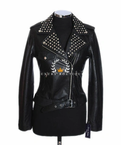 Pre-owned L.b Veronica Black Ladies Studded Biker Designer Lambskin Leather Fashion Jacket